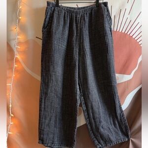 FLAX Linen Pants Large Dark Gray Puckered Texture Weave Wide Leg High Rise Flood